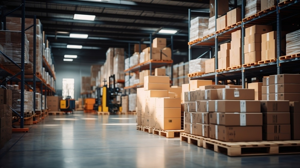 Warehouse filled with boxes and pallets.